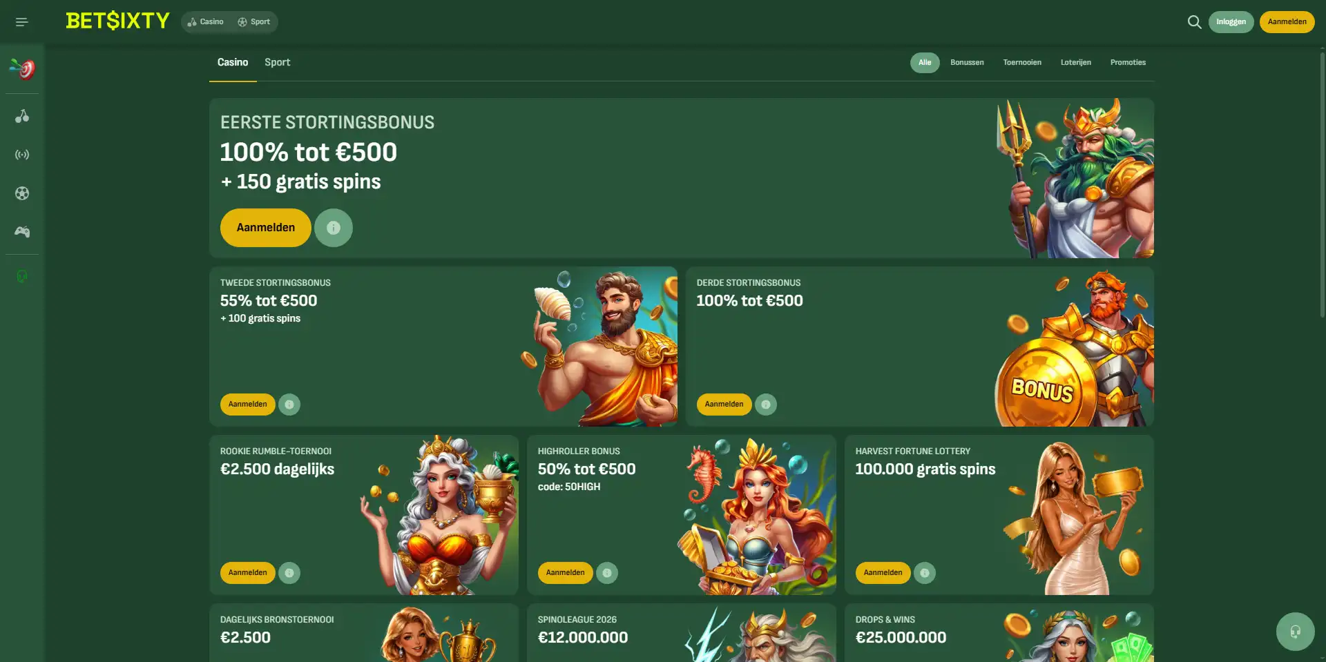 Actuele Betsixty promotiepagina met casino-bonussen en promotiekaarten