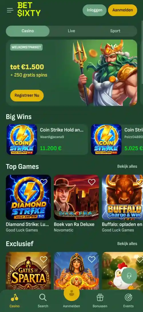 Officiële Betsixty-site weergegeven in een mobiele viewport met casino- en accountnavigatie