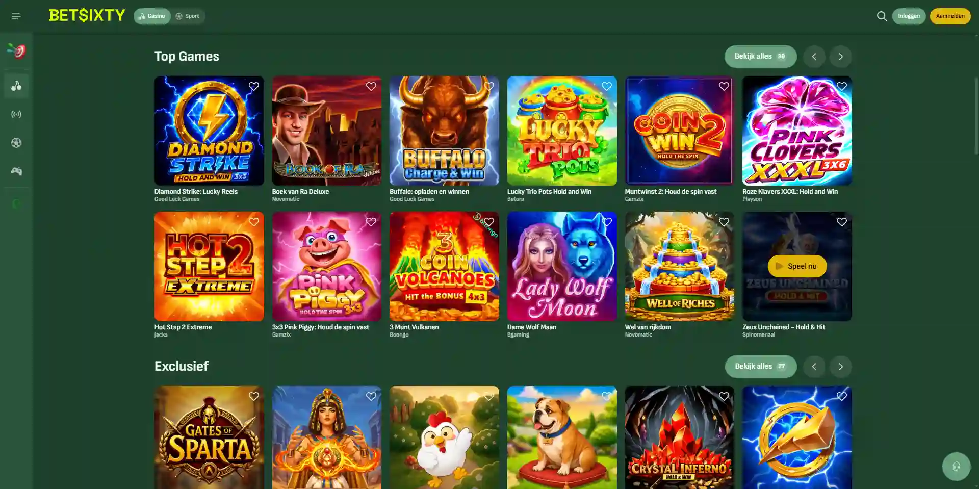 Actuele officiële Betsixty casino lobby met spellen en providers