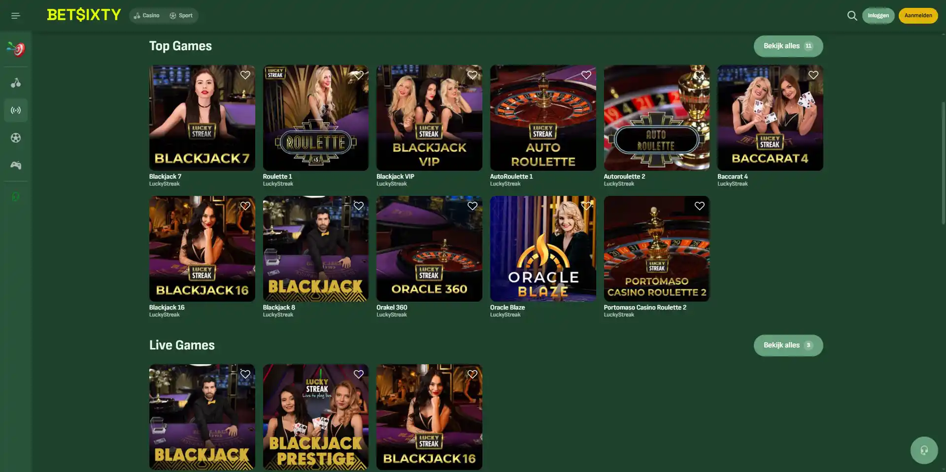 Actuele officiële Betsixty live casino lobby met live roulette en blackjacktafels