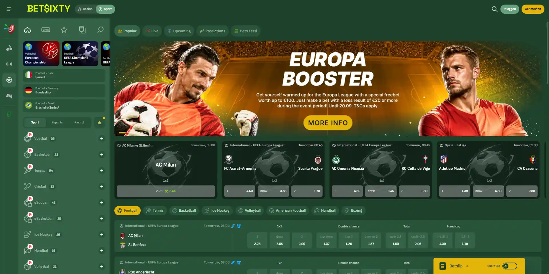 Actuele officiële Betsixty sportsbook-interface met sportmarkten en betslip