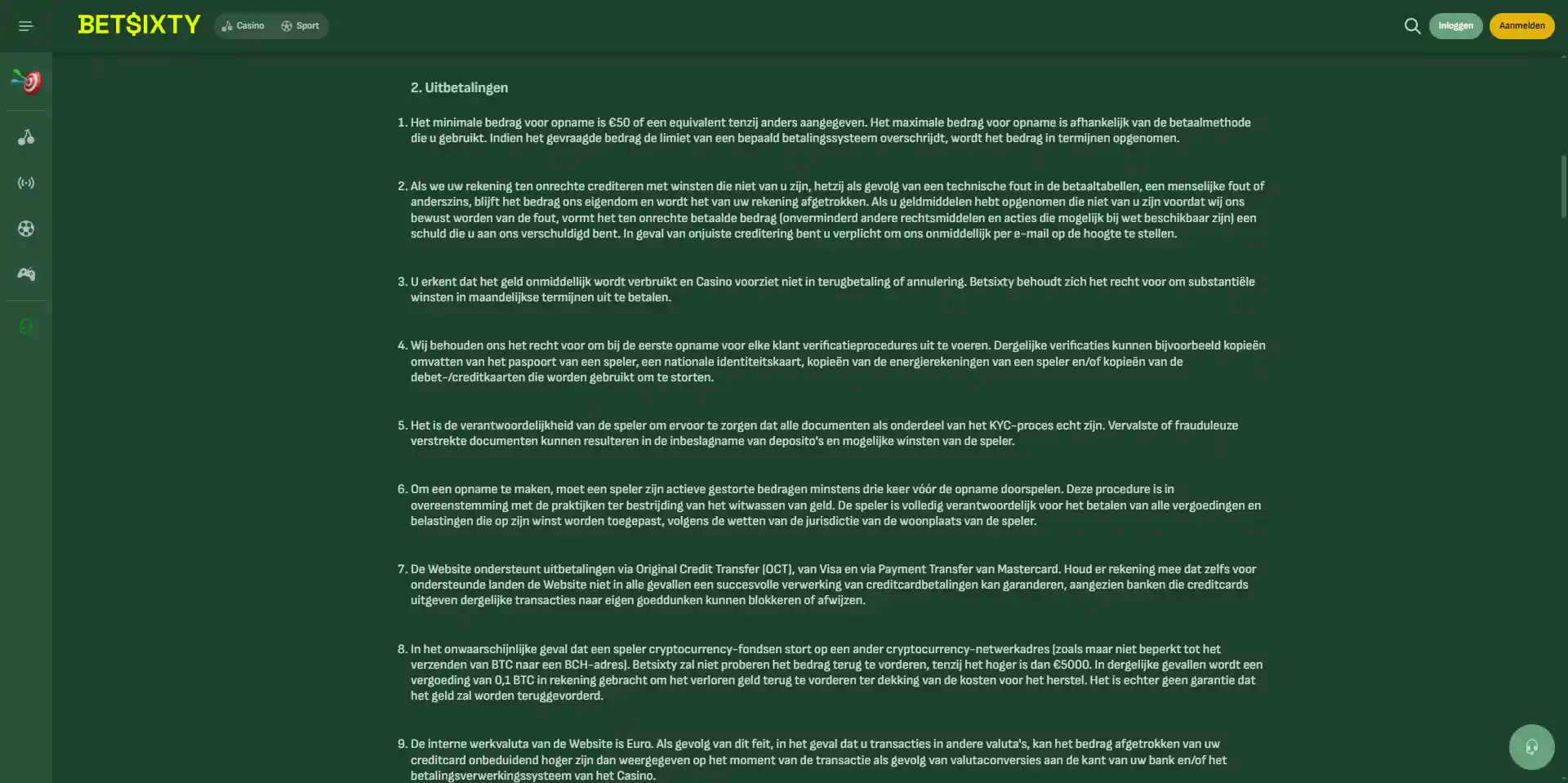 Officiële Betsixty Accounts, Payouts en Bonuses-sectie met regels voor opnames en verwerking