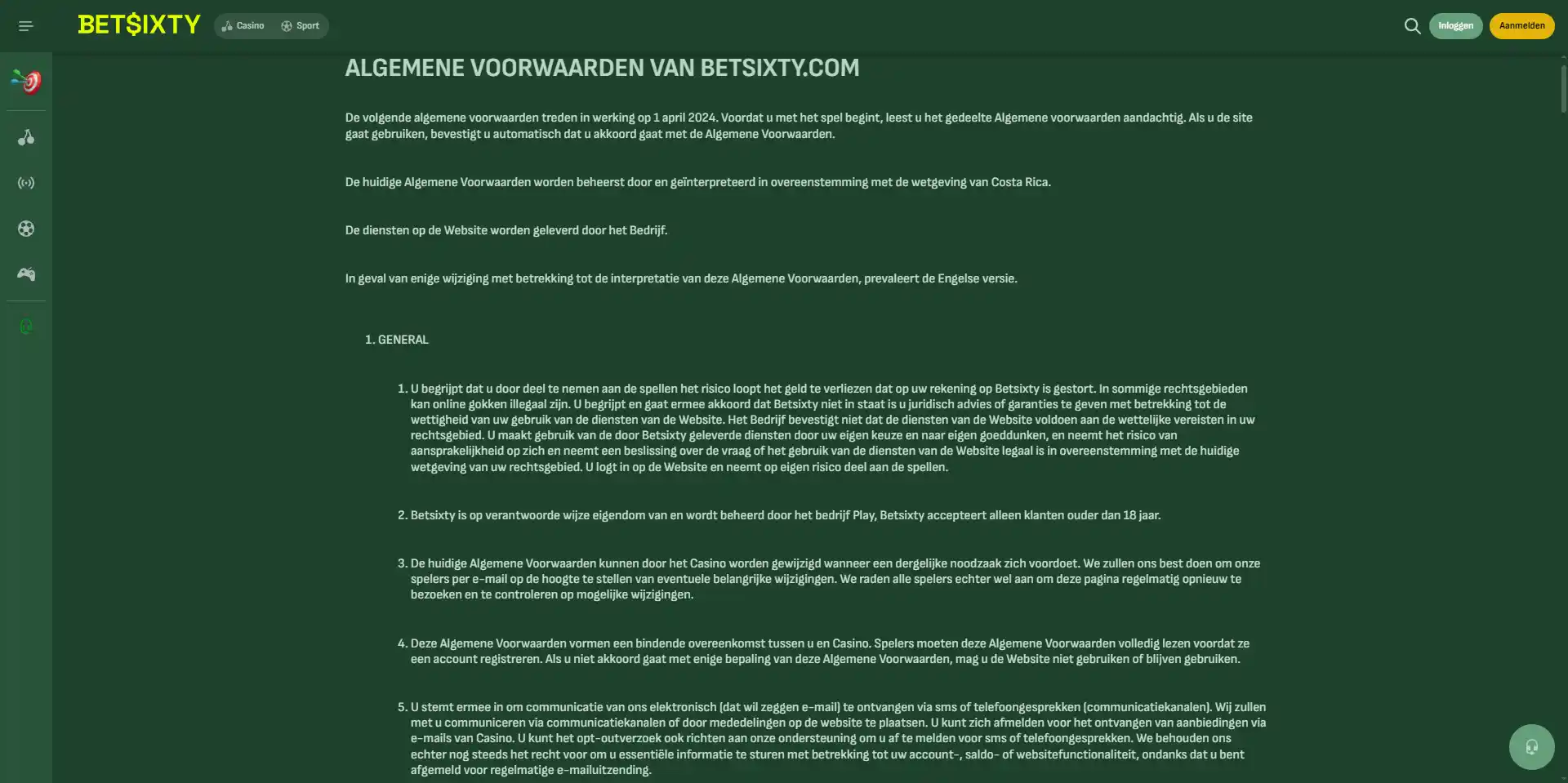 Officiële Betsixty Terms-pagina met operatorgegevens en beleidslinks