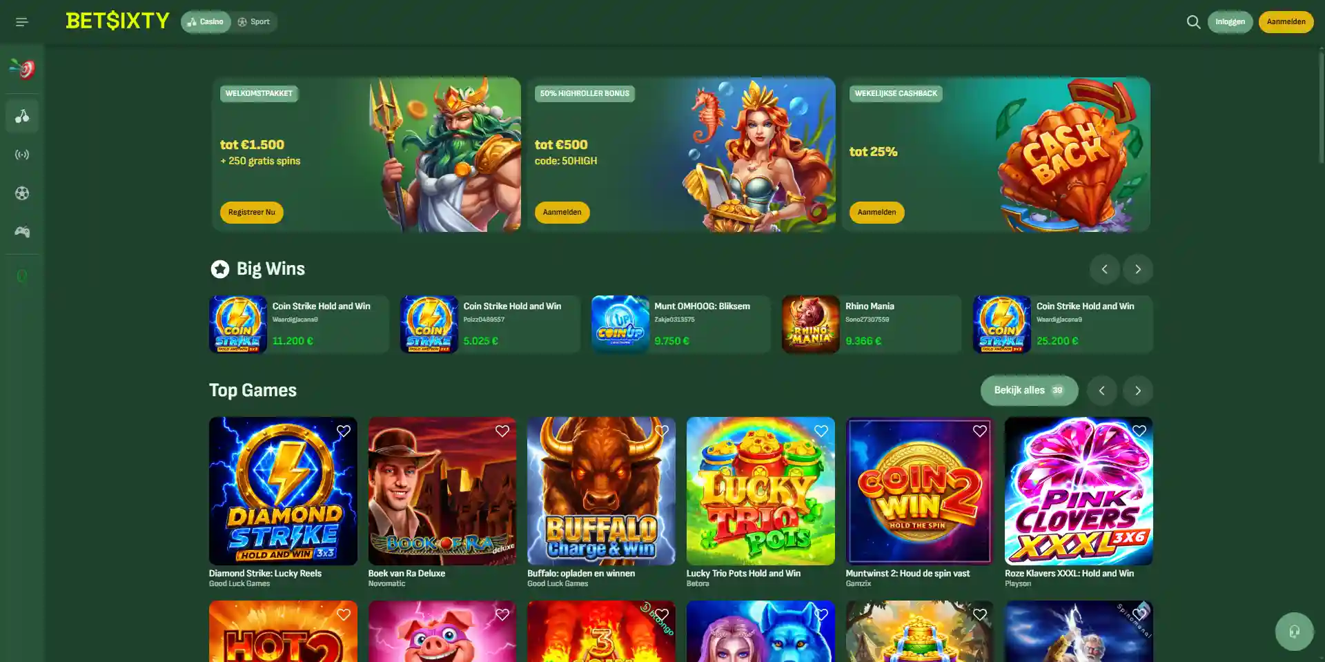 Betsixty homepage met casino- en sportsnavigatie